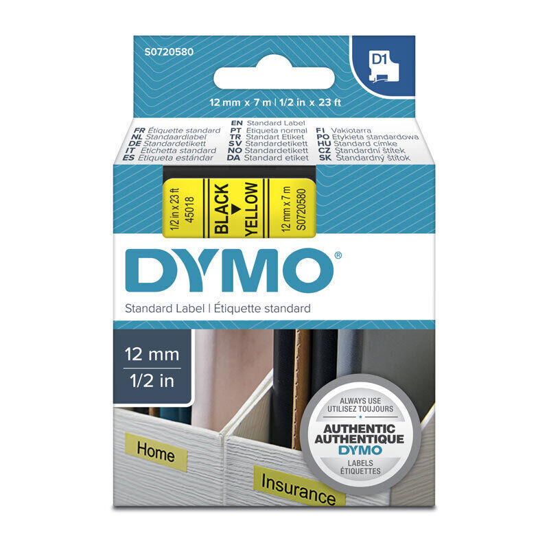 Dymo Blk on Yell 12mmx7m Tape