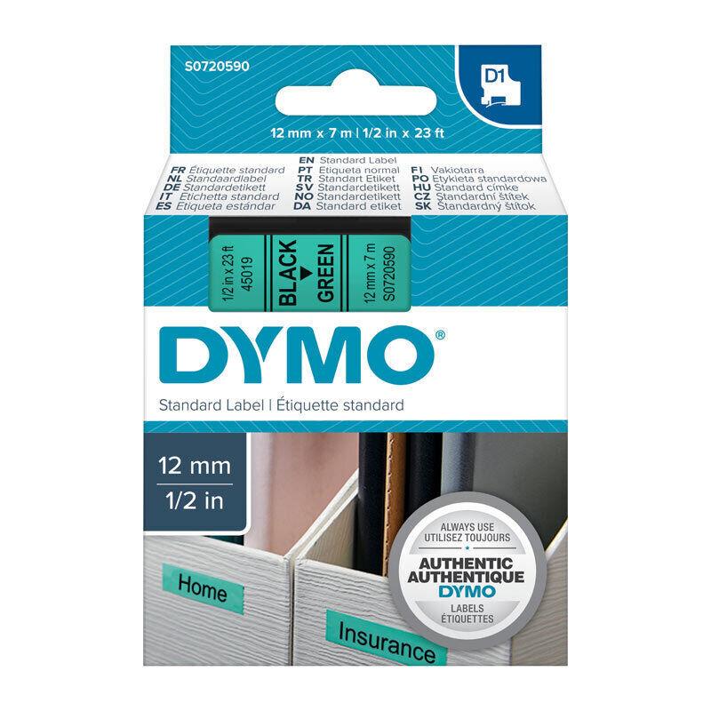 Dymo Blk on Grn 12mmx7m Tape
